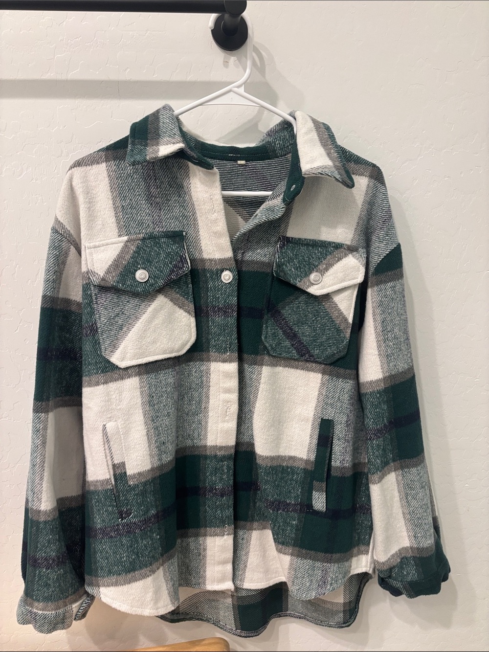Plaid Button-Up Shacket in Green and Cream